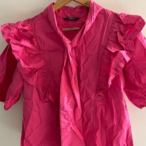 SHEIN Neon Pink Tie Neck Exaggerate Ruffle Trim Top - Picture 11 of 11